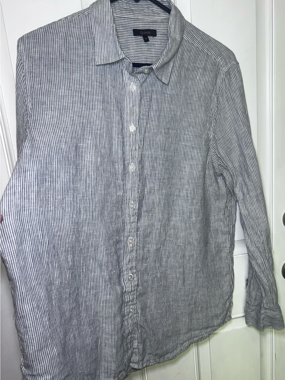 Quince 100% Linen Blue White Striped Button Front Shirt Women’s Medium - Picture 3 of 9